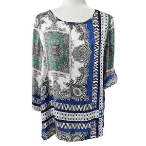 Chico's Abstract Boho Geometric Multicolor Roll Tab Sleeve Top Art to Wear